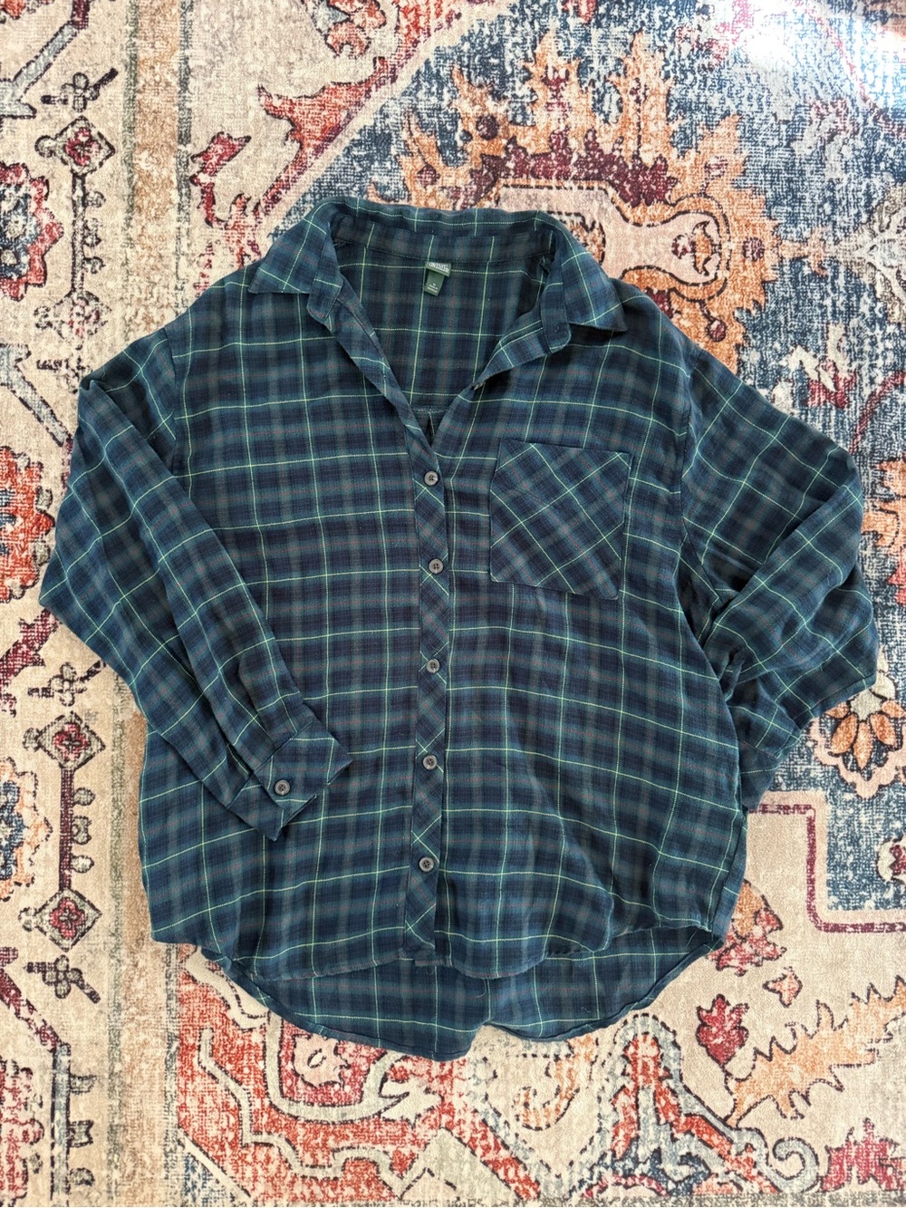 wild fable Navy and Green Plaid Button-Down Shirt - Picture 1 of 2